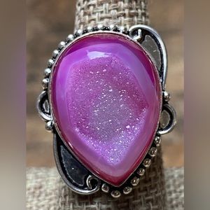 New Pink Druzy Agate Crystal Stone Silver Overlay Ring Size 7.25